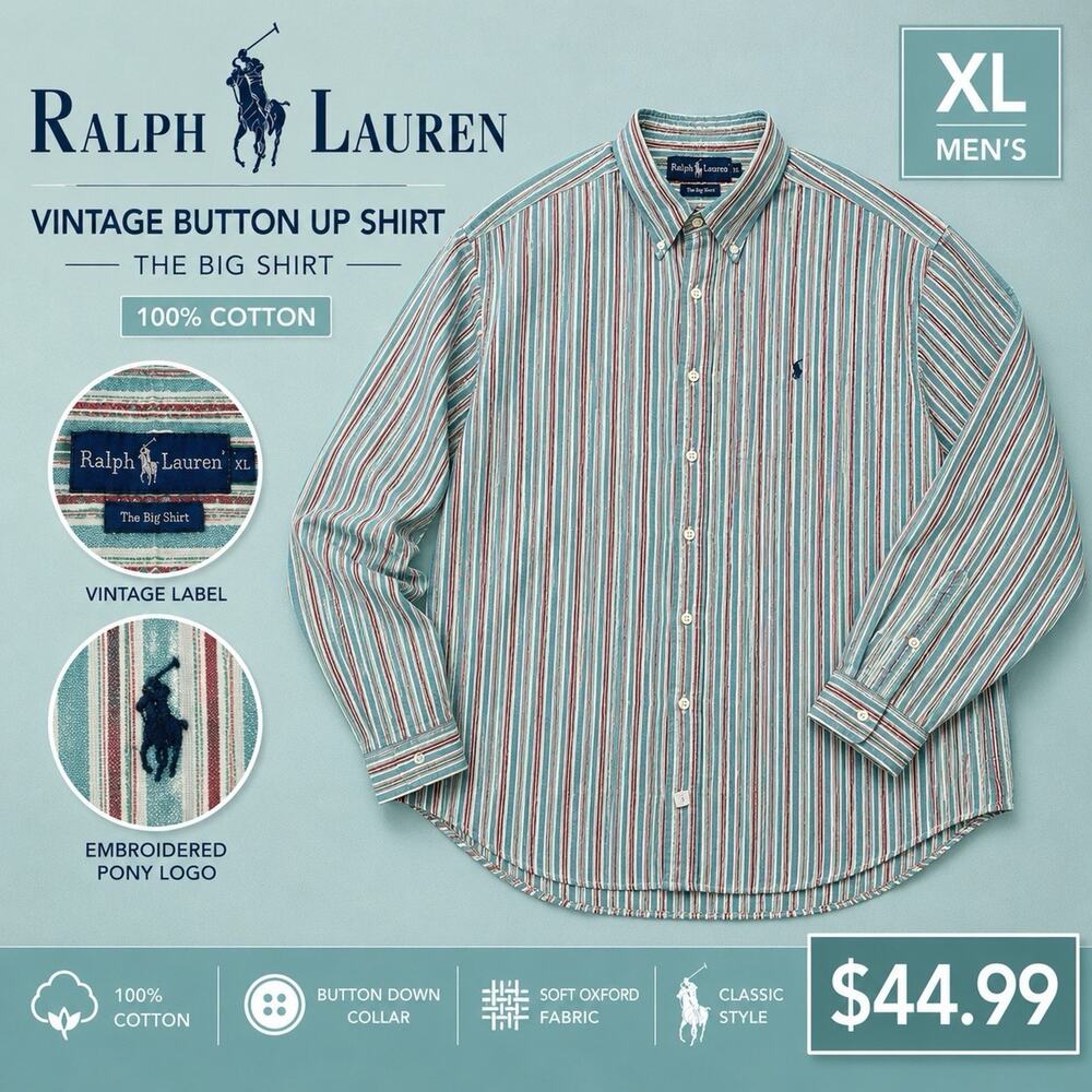 Vintage Ralph Lauren The Big Shirt Men’s L Striped Button Up Cotton 90s